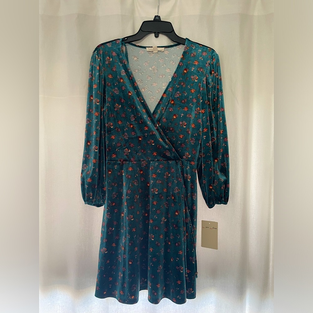Free People Style Velvet Faux Wrap Style Dress Floral Pattern